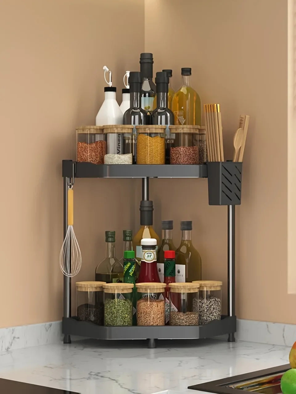 Kitchen Seasoning Shelf – 3 Tier Spice Rack & Chopstick Organiser for Corner Countertops